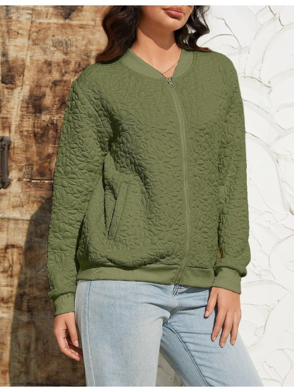 🆕Women's Army Green Long Sleeve Full Zip Sweatshirt Casual Jacket With Pockets